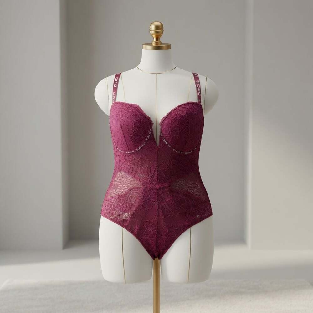 Bebe Plus Size 3X Purple Lace Bodysuit Sexy Stretchy Women Full Lingerie NWOT